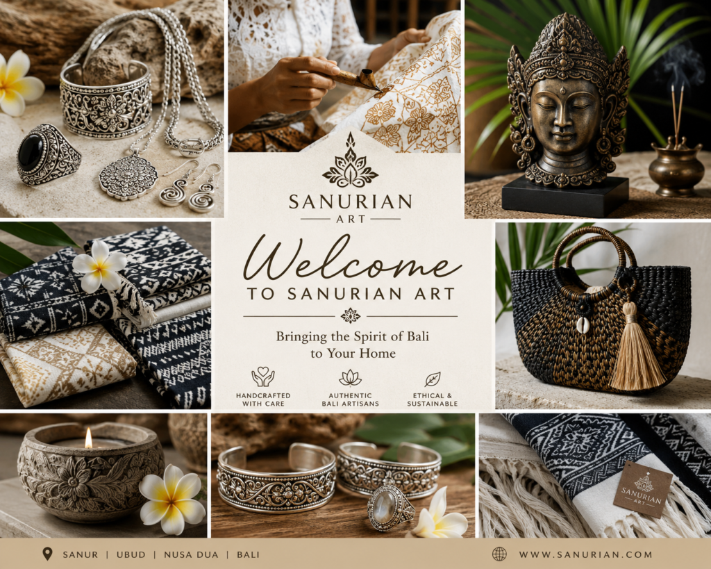 Sanurian Art welcome collage featuring handcrafted Balinese silver jewellery, bronze Buddha statue, rattan bag, monochrome textiles, batik fabrics, and artisan candle