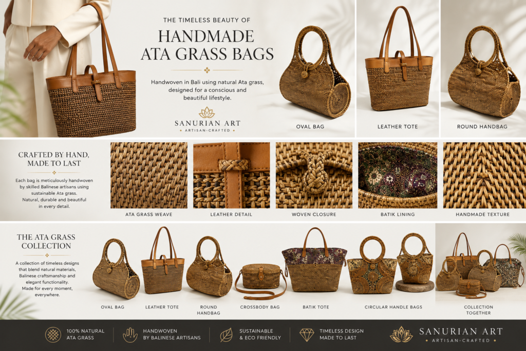 Luxury handmade Ata grass bags handcrafted in Bali featuring authentic woven Ata grass, genuine leather details and traditional Balinese batik lining.