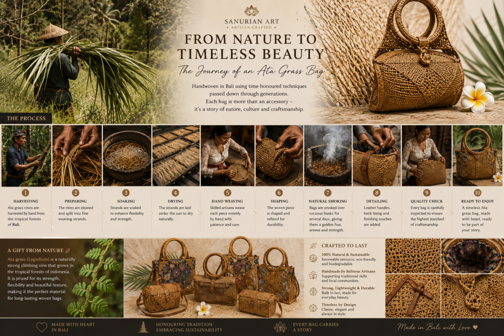 The complete journey of handmade Balinese Ata grass bags showing Ata grass harvesting, preparation, hand weaving, drying, smoking, leather finishing and the finished artisan bags.