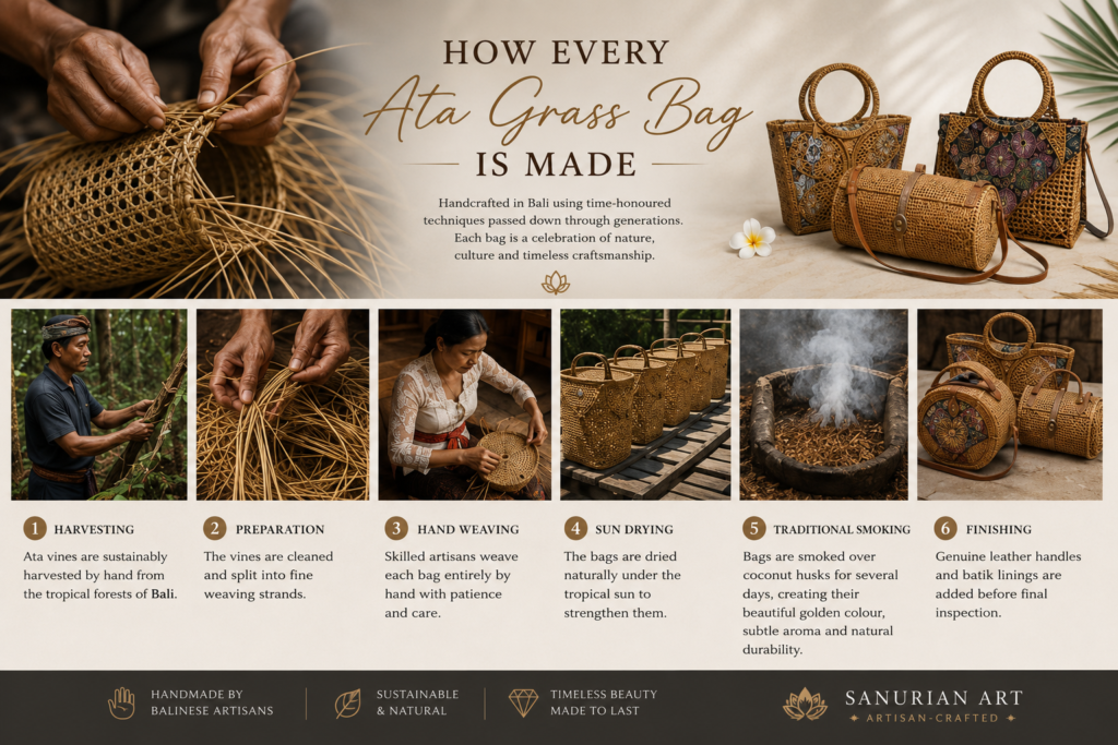 Traditional Balinese artisans making handmade Ata grass bags through harvesting, preparation, hand weaving, sun drying, coconut smoking and finishing in Bali.