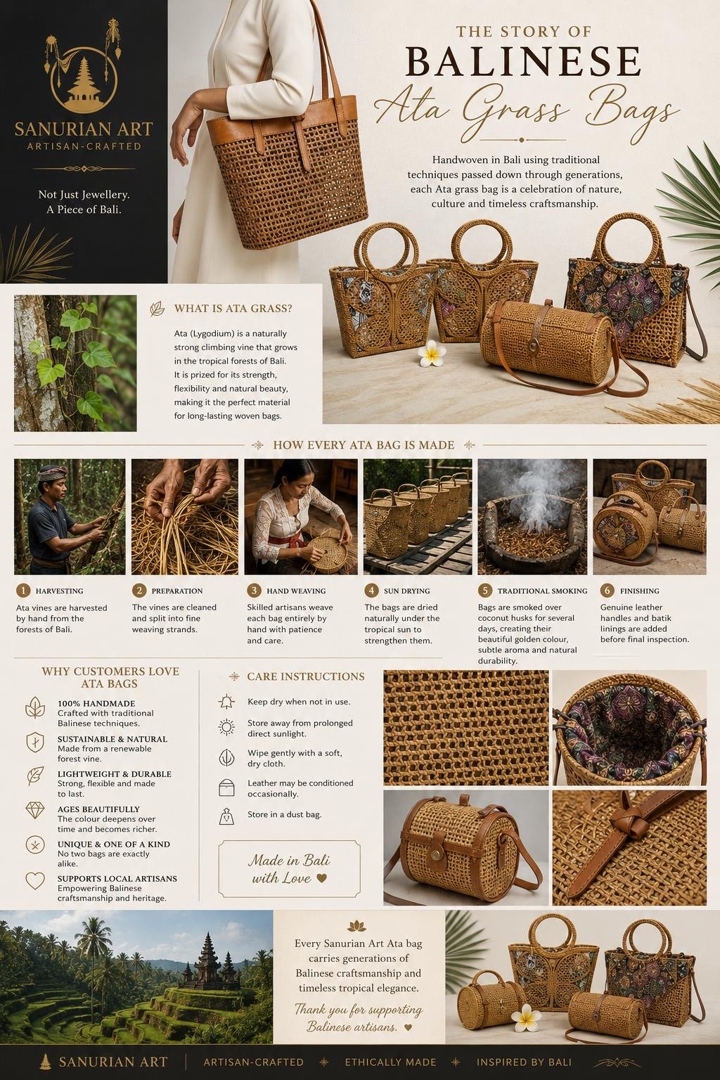 The complete process of making handmade Balinese Ata grass bags from harvesting natural Ata vine to weaving, smoking and finishing by skilled artisans in Bali.
